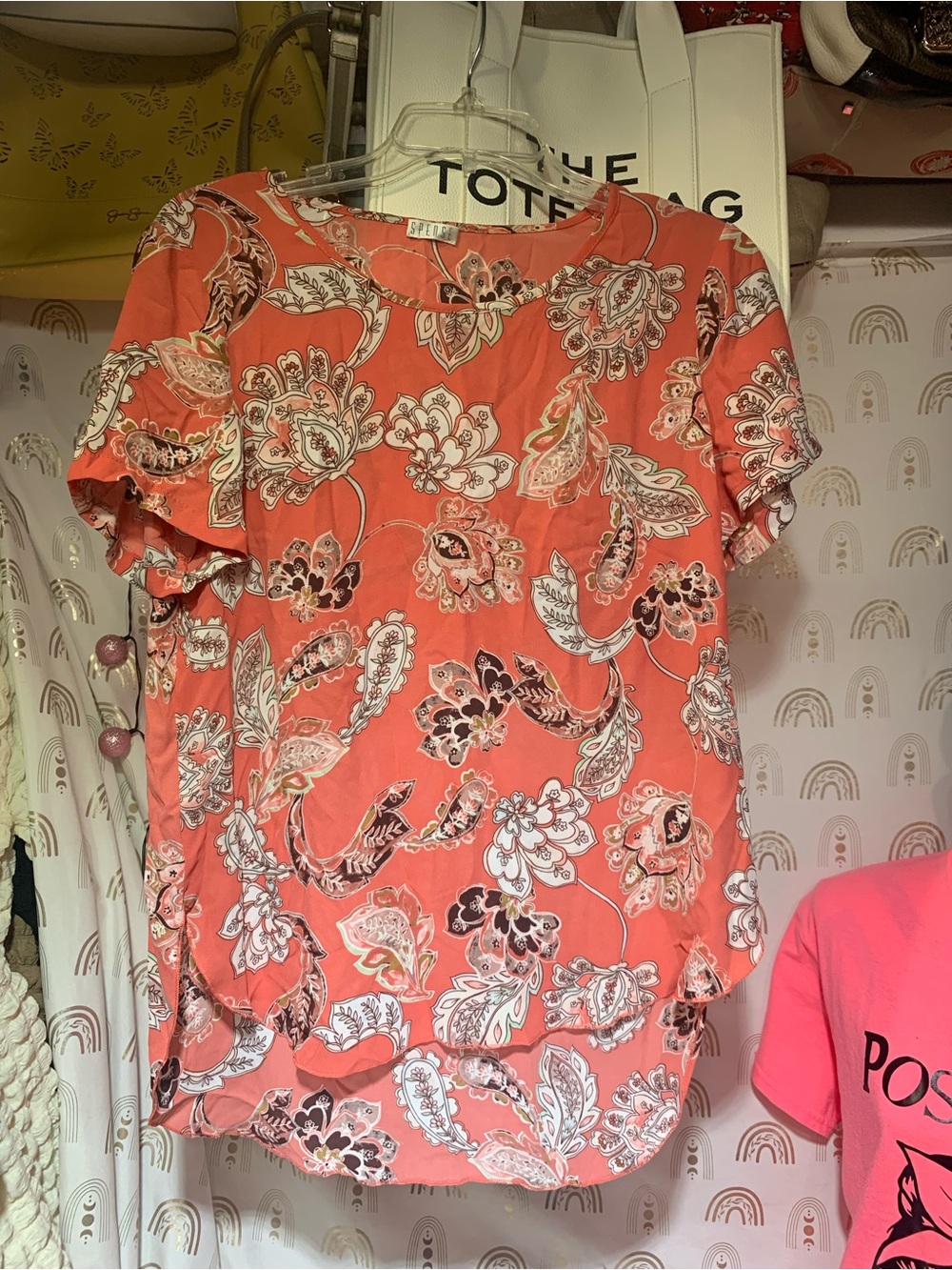 Spense Coral Floral Short Flutter-Sleeve Blouse